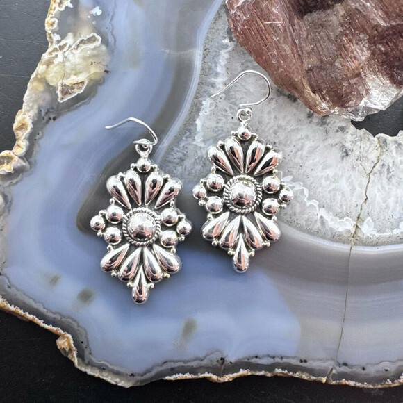 Southwestern Style Sterling Silver Floral Decorated Dangle Earrings For Women - Picture 2 of 10